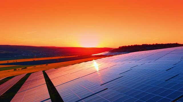 Golden hour sun reflecting on solar panels beside wheat fields. Low angle drone shot with warm orange sky, panel surface glare, and distant village.
