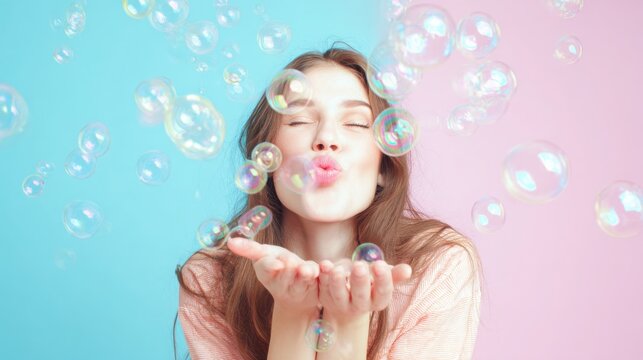 Portrait of laughing girl blowing soap bubbles, bright pastel background, carefree summer happiness concept, hyper realistic photography, huge space