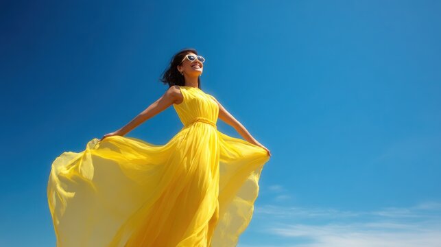 Portrait of smiling woman in flowing lemon yellow summer dress against bright blue sky, joyful seasonal fashion concept, cinematic natural light