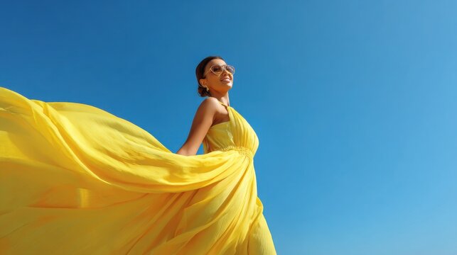 Portrait of smiling woman in flowing lemon yellow summer dress against bright blue sky, joyful seasonal fashion concept, cinematic natural light