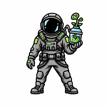 Astronaut holding a plant in a jar illustration.