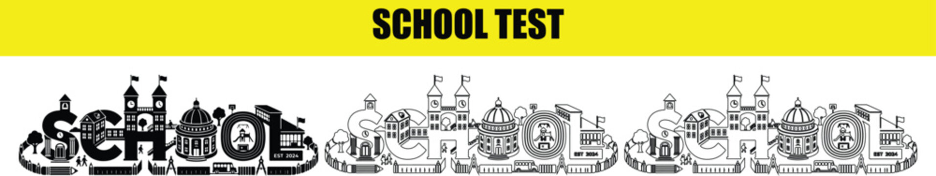 Educational campus silhouette text design featuring school buildings and track.