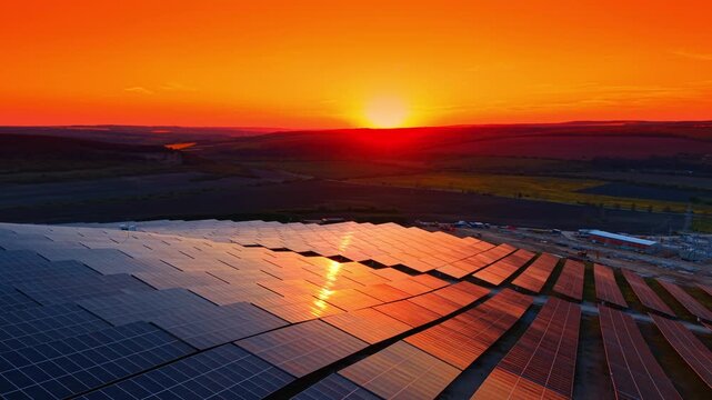 Large solar array reflecting orange dusk across open farmland. Close overhead perspective of panel rows with industrial buildings and vivid sky.