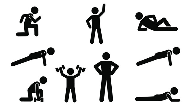 Vector graphic illustration Black silhouette fitness icons set with people doing exercises
