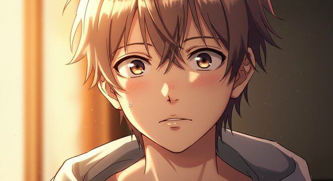 Anime character with brown hair and eyes looks concerned indoors