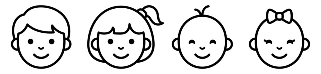 Cute cartoon children faces icons including boy, girl, baby boy, and baby girl with bow on transparent background