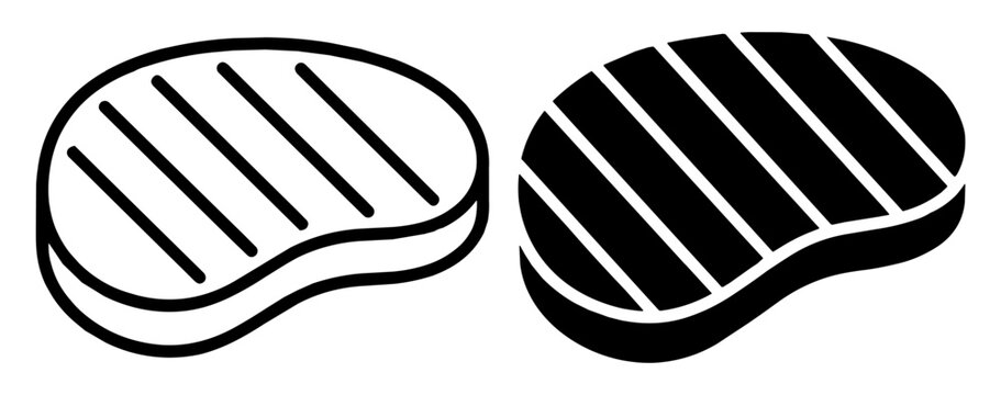 black and white icon set of grilled steak food with stripes on transparent background