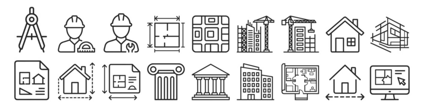 Set of outline icons related to architecture, construction, and real estate design and planning on transparent background