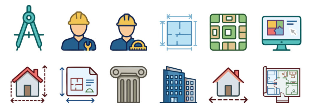 Set of architecture and construction icons including compass, engineers, blueprint, site plan, computer design, house dimensions, column, and buildings on transparent background