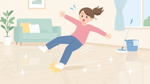 掃除したばかりのピカピカの床で滑って転びそうになる女性のイラスト