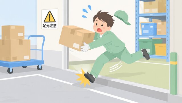 荷物を運搬中に段差でつまづいて転びそうになる男性作業員のイラスト