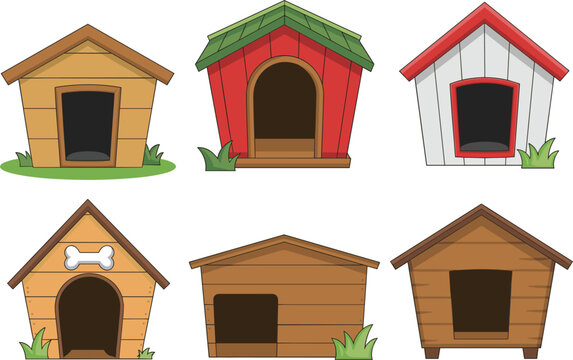 Dog houses collection, wooden pet kennels and shelters vector illustration set design