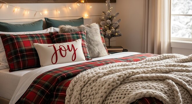 Cozy christmas bedside setup with joy pillow and plaid blanket in bedroom christmas interior seasonal comfortable textiles celebration decoration relaxing
