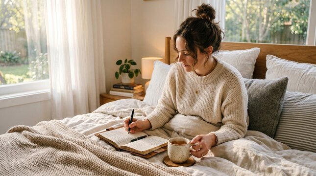 Woman writing in journal with tea on bed in cozy bedroom with natural light from window