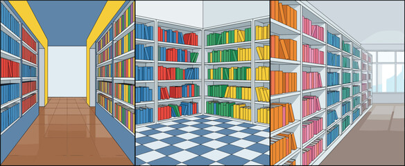 Set of library interior illustrations featuring tall bookshelves with colorful books in perspective view and linear style © moshaharul