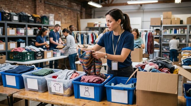 Volunteers sorting and organizing donated clothes in a charity donation center for distribution