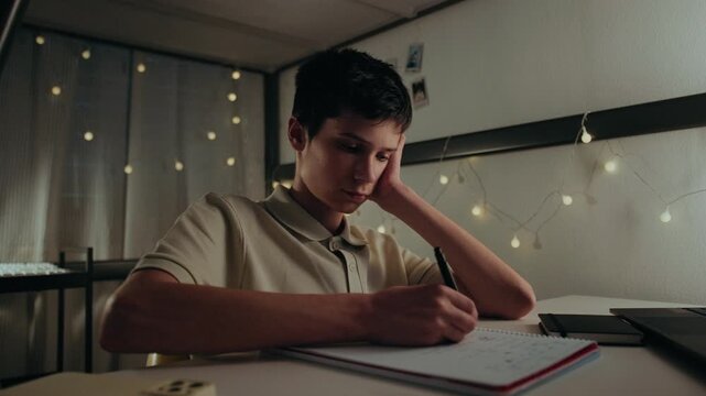 A tired teenage student sits at a desk in a dimly lit room, concentrating on writing homework in a notebook late at night.