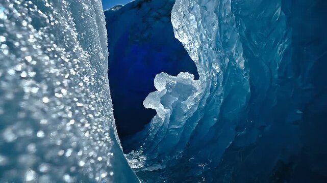 Macro view of shimmering blue ice inside a glacier crevice