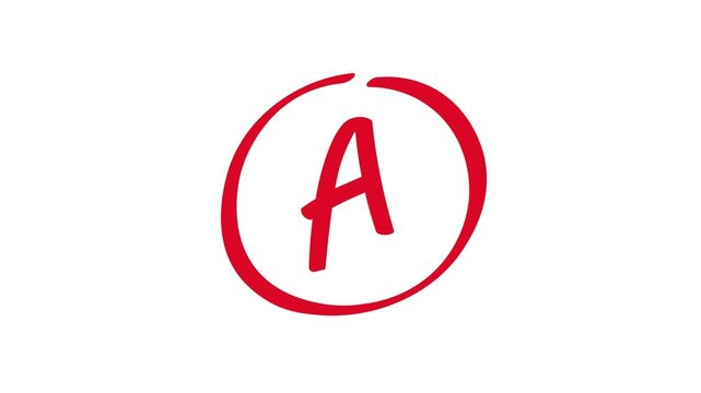 Animated letter A with red circle, hand-drawn exam grade concept, 4k video