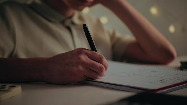 A tired young student writes in his notebook while doing homework late at night in his room. He looks focused and thoughtful.