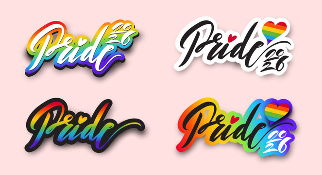 Pride Month 2026 LGBTQ lettering template with rainbow heart symbol. Pride lettering vector featuring LGBT community icons, rainbow color, equality themes, celebration for banner, poster, social media