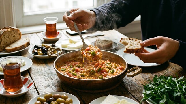 Close up of hands serving a delicious Menemen dish from a copper pan during a traditional Turkish breakfast spread with olives, bread, cheese, and tea on a warm wooden table.