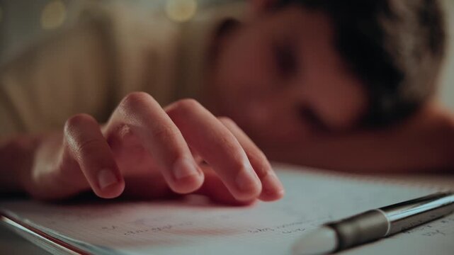 Close-up of a tired student's hand tapping nervously on a notebook. The person is exhausted from studying or doing homework late at night.
