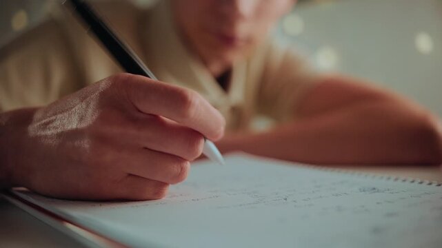 A tired student struggles with homework late at night. Close-up on his hand as he tries to write but lacks the motivation and energy to continue studying.