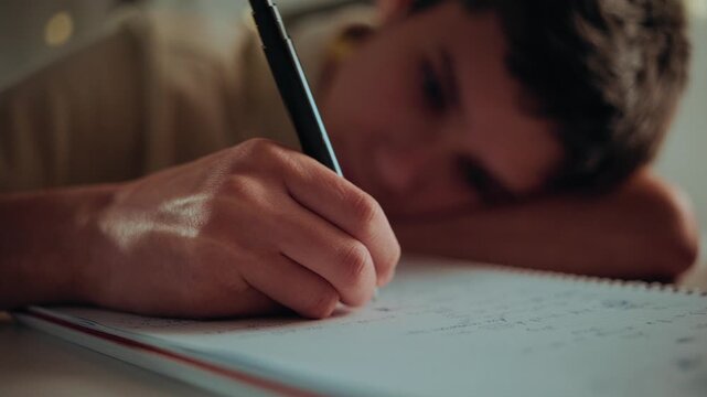 Close-up of a tired young man's hand writing with a pen in a notebook. He is doing homework or studying, feeling sleepy and overworked.