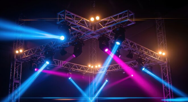 Concert stage lighting, colorful beams, music festival setup, nightclub spotlights