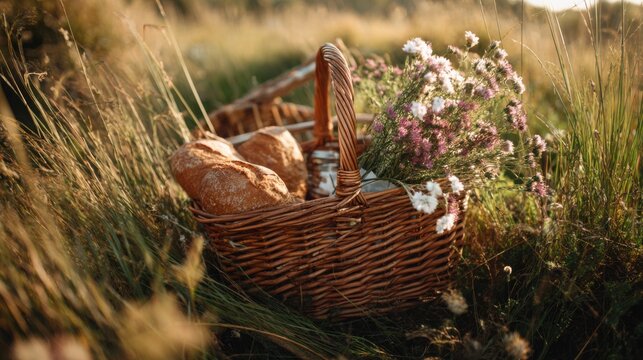 wicker picnic basket with fresh bread and wildflowers in tall grass, slow travel lifestyle, warm natural light, countryside atmosphere, cinematic
