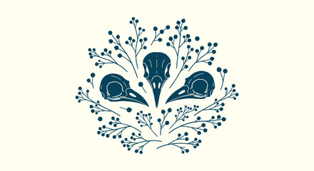 Vintage gothic bird skulls illustration with botanical berry branches for mystical and nature art. © vectorial