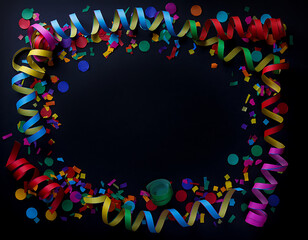 Obraz premium Vibrant explosion of colorful confetti and curled streamers creating a festive frame on a dark background, perfect for birthday party invitations, holiday greetings, and event announcements