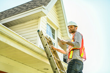 Fototapeta premium Man with a white hard hat holding a clipboard, inspect house