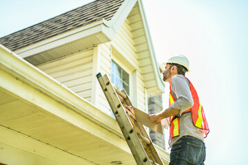 Fototapeta premium Man with a white hard hat holding a clipboard, inspect house