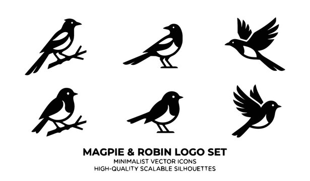 Magpie and robin silhouette vector bird icon minimalist logo set isolated on white