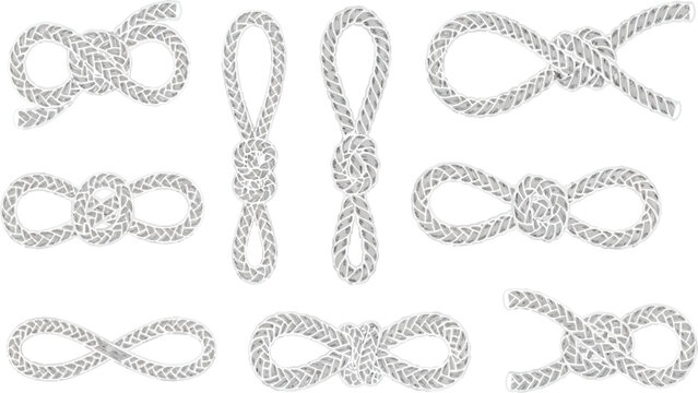 Collection of various decorative rope knots and loops isolated with nautical fastening elements abstract ropework equipment collection isolated
