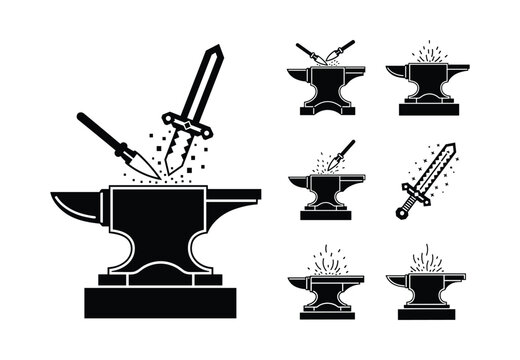 Collection of sword and spear weapon forging icons on an anvil for medieval fantasy gaming and historical craftsmanship graphic design