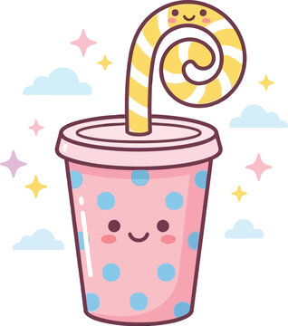 Beverage cup featuring a cheerful face and a curly straw creates a festive drink concept illustration.