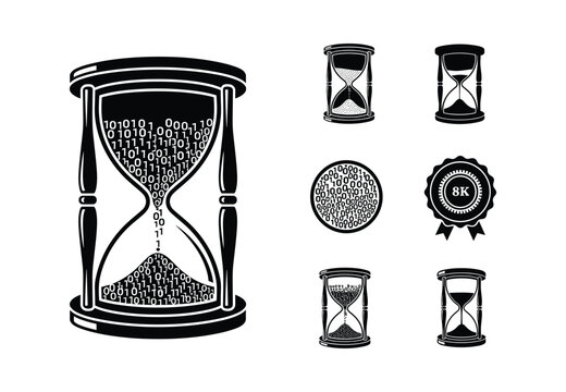 Hourglass icons with binary code flow representing digital time management