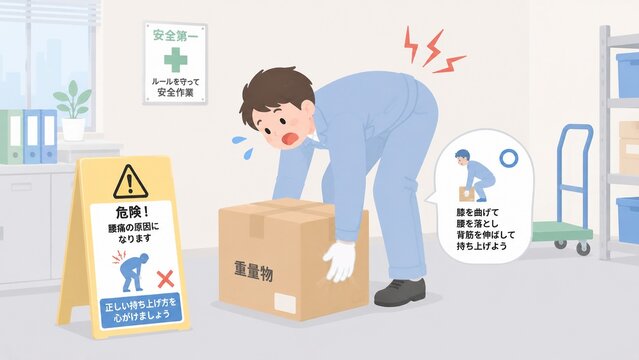 重量物を間違った姿勢で持ち上げて腰痛になりそうな男性作業員の職場事故のイラスト