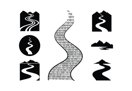 River paths through mountain landscapes and binary code streams as metaphors for digital navigation and modern geographical data flow