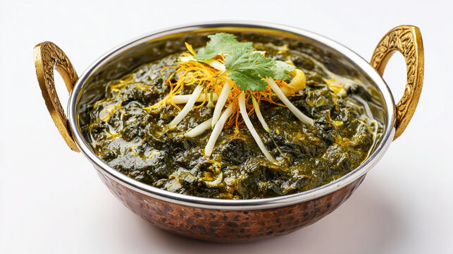 Traditional indian dish saag paneer or palak paneer served in a copper bowl