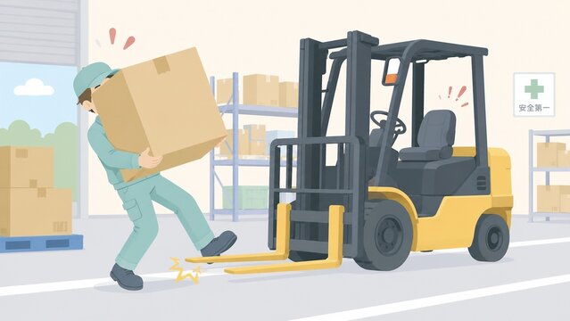 フォークリフトのフォークにつまずき転倒しそうになる男性作業員の職場事故のイラスト