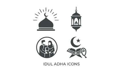 Fototapeta premium Eid Al Adha Icons: Mosque, Lantern, Family, Quran, Prayer Beads - Islamic Holiday Symbols