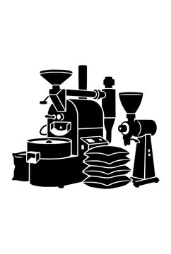 Professional Coffee Roaster Machine and Equipment Silhouette Illustration