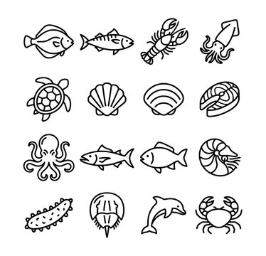 Collection of Outline Marine Life and Seafood Icons Featuring Fish, Octopus, Turtle, and Crab