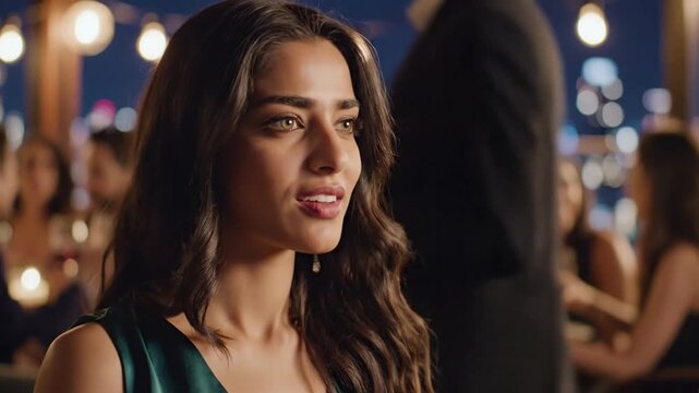 Beautiful young woman with long wavy dark hair and hazel eyes looking intently to the side at a rooftop restaurant at night with blurred city lights and other people dining.