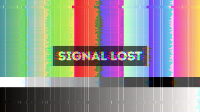 Digital television broadcast signal lost screen with colorful static interference and error message