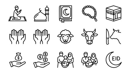 Obraz premium Islamic Icons Set: Prayer, Mosque, Quran, Rosary, Kaaba, Family, Sacrifice, Charity, Eid
